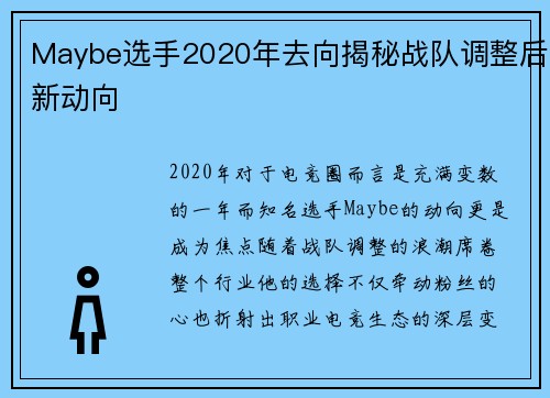 Maybe选手2020年去向揭秘战队调整后新动向