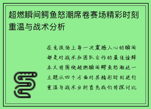 超燃瞬间鳄鱼怒潮席卷赛场精彩时刻重温与战术分析